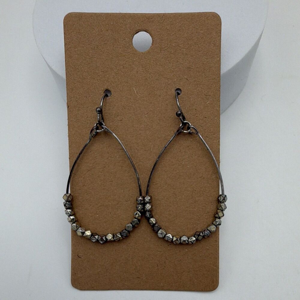 Silver Tone Teardrop Crystal Bead Dangle Drop Earrings Hook Closure 2"